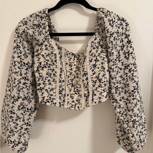 Altar'd State Cream and Black Floral Lace-Trim Corset Crop Top